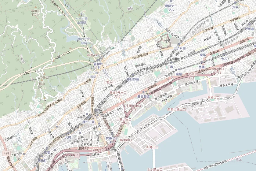 神戸市中央区〜灘区の地図。元町から摩耶までの範囲に種の会の7園が並ぶ